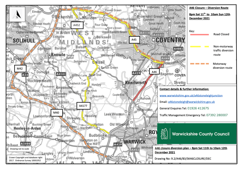 A46 Stoneleigh junction - A46 Closure 11 & 12 Dec 2021