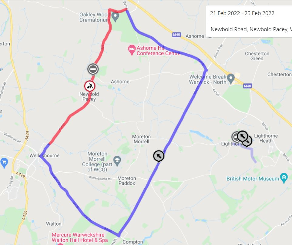 Temporary closure of B4087 Newbold Road, Newbold Pacey and Ashorne